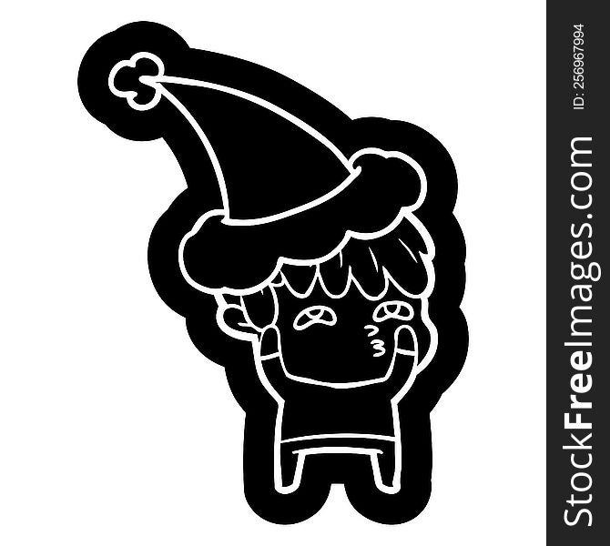 quirky cartoon icon of a curious man wearing santa hat