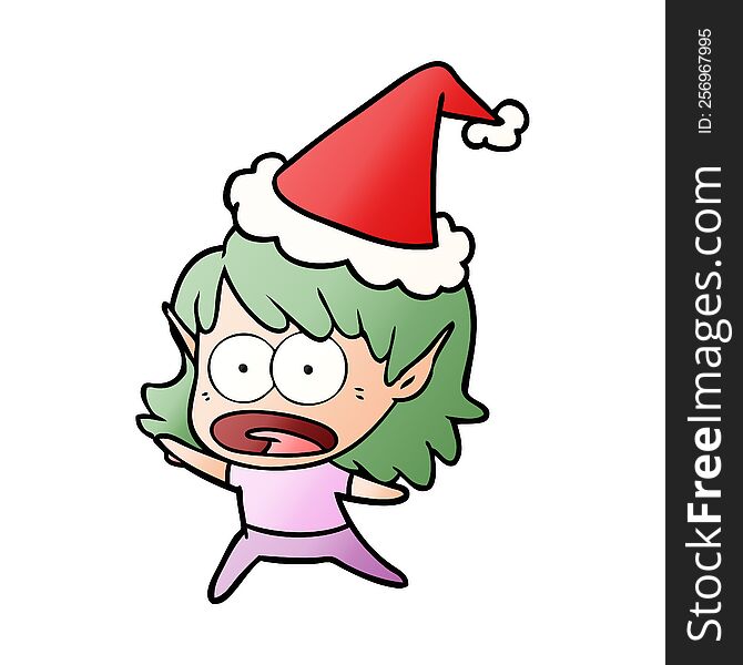 hand drawn gradient cartoon of a shocked elf girl wearing santa hat