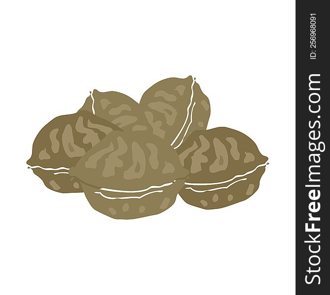 Flat Color Illustration Of A Cartoon Walnuts In Shell