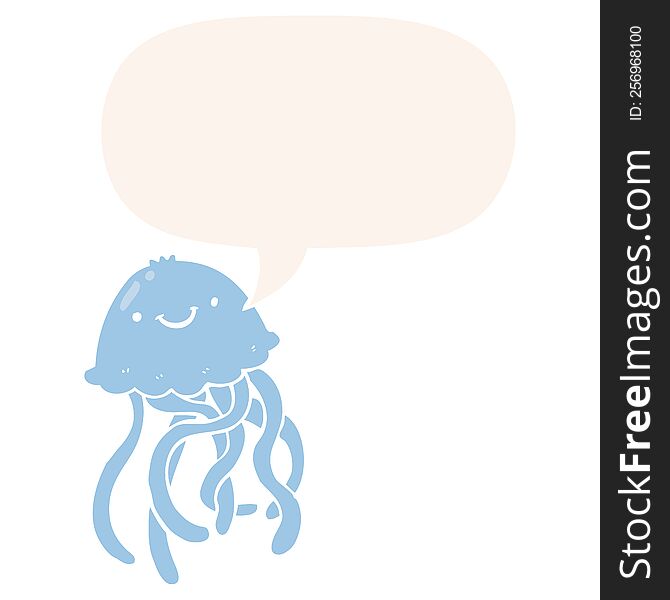 Cartoon Happy Jellyfish And Speech Bubble In Retro Style