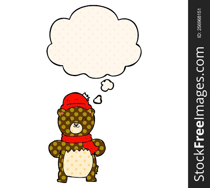 cute cartoon bear with thought bubble in comic book style