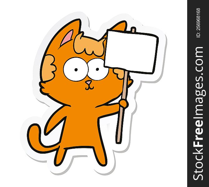 Sticker Of A Happy Cartoon Cat With Sign