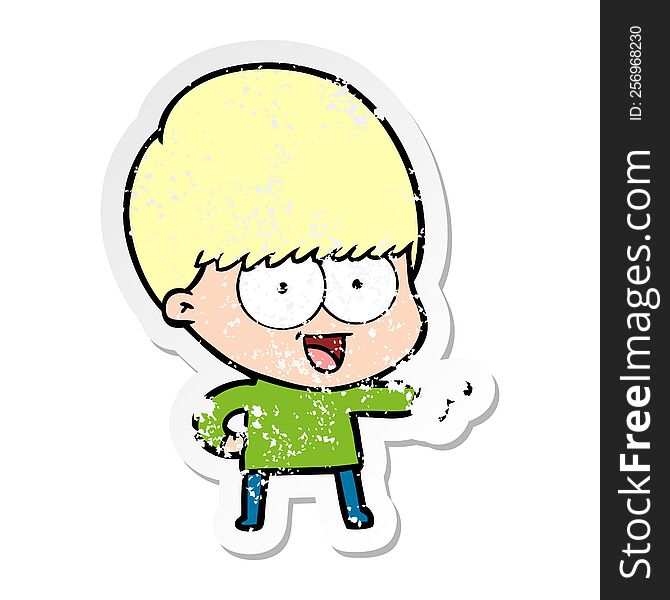 Distressed Sticker Of A Happy Cartoon Boy Pointing