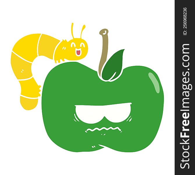 flat color style cartoon grumpy apple and caterpillar