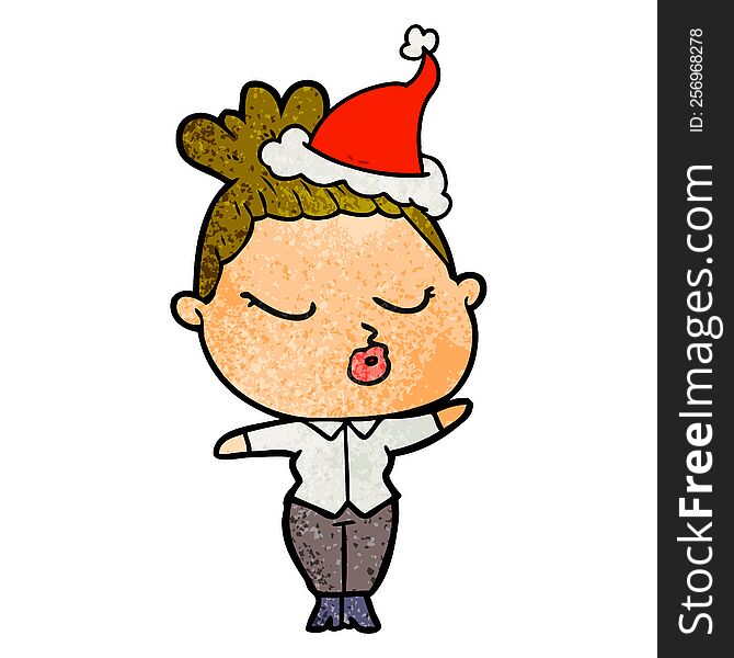 hand drawn textured cartoon of a calm woman wearing santa hat