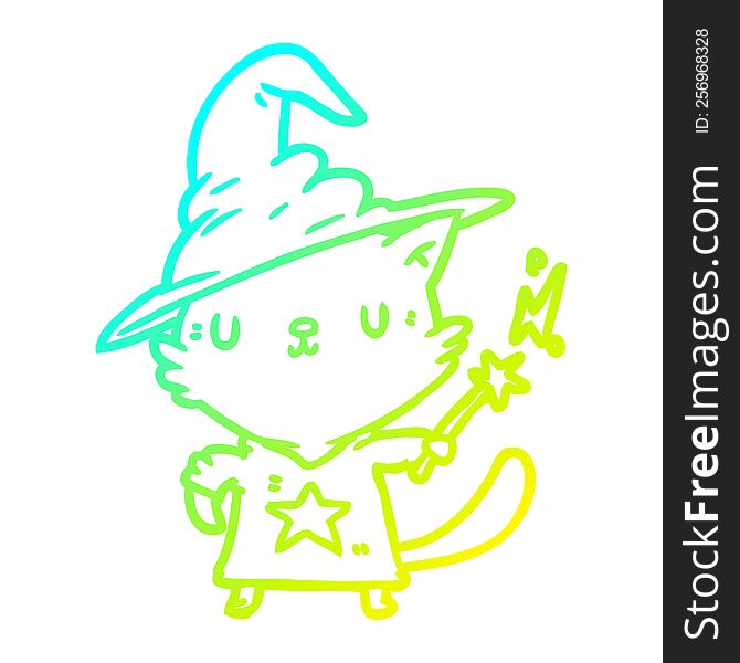 cold gradient line drawing of a magical amazing cat wizard