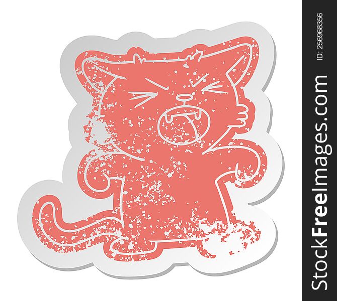 distressed old cartoon sticker of a screeching cat. distressed old cartoon sticker of a screeching cat