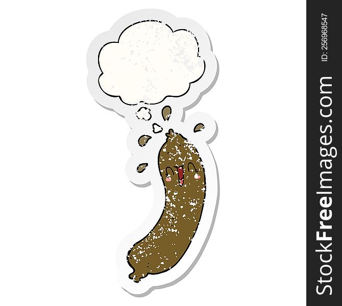 happy cartoon sausage with thought bubble as a distressed worn sticker