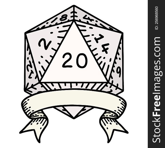 Retro Tattoo Style natural 20 critical hit D20 dice roll. Retro Tattoo Style natural 20 critical hit D20 dice roll