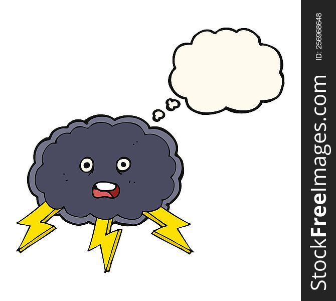cartoon cloud and lightning bolt symbol with thought bubble