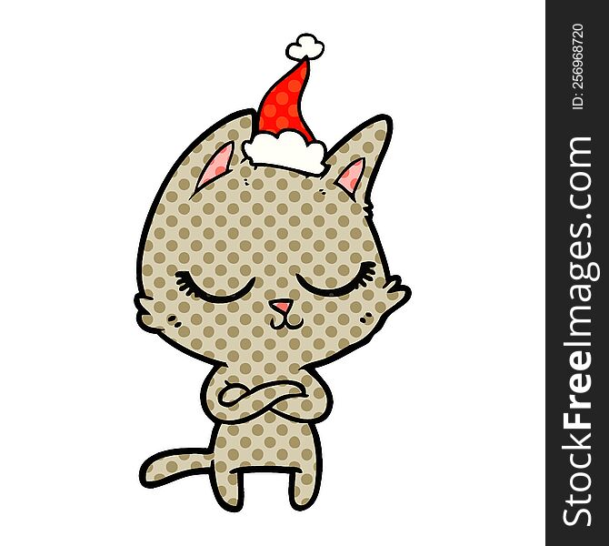 Calm Comic Book Style Illustration Of A Cat Wearing Santa Hat