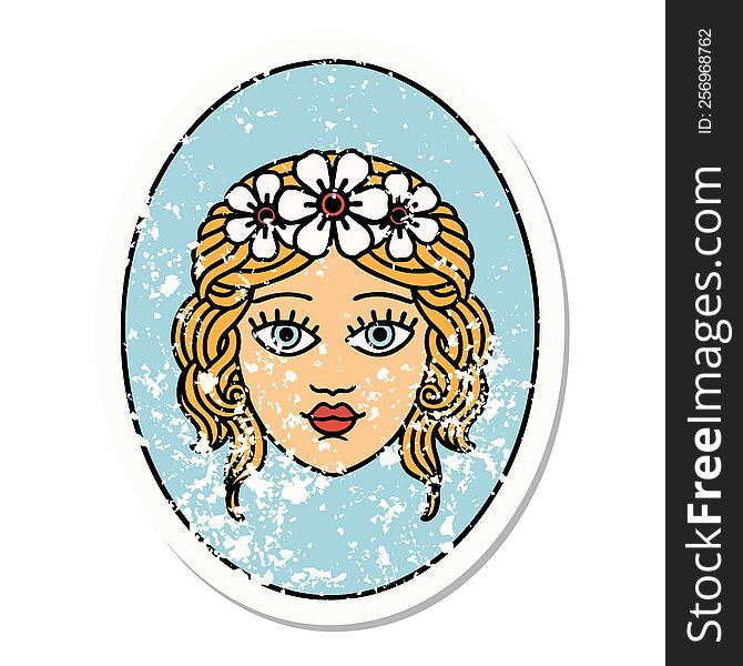 distressed sticker tattoo in traditional style of a maiden with crown of flowers. distressed sticker tattoo in traditional style of a maiden with crown of flowers