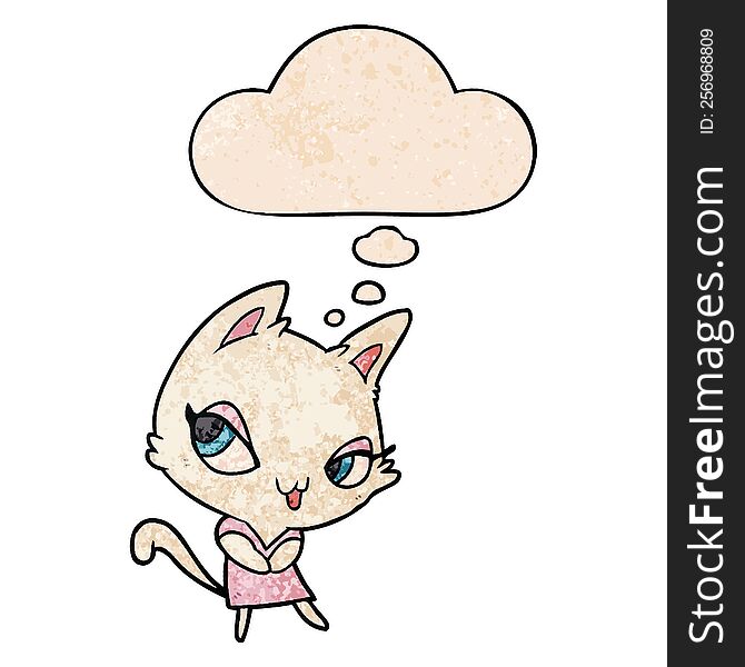 Cartoon Female Cat And Thought Bubble In Grunge Texture Pattern Style