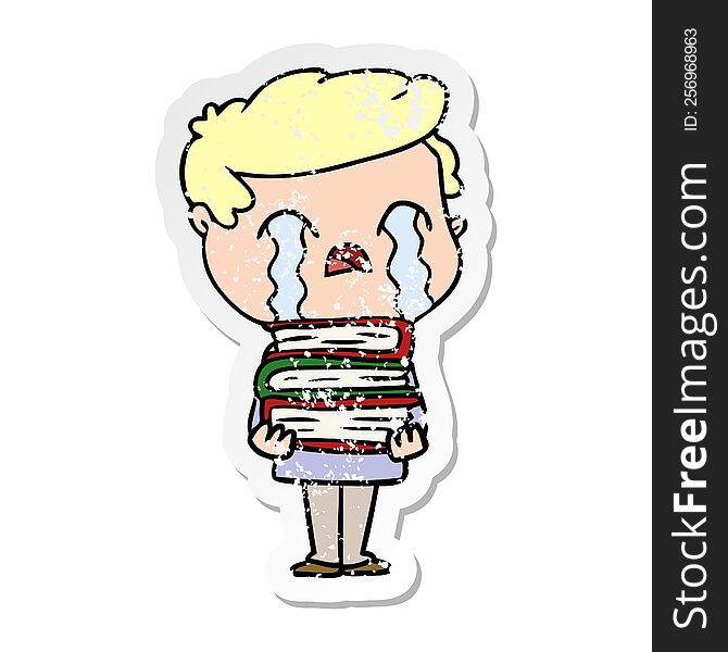 distressed sticker of a cartoon man crying over stack of books