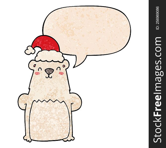 Cartoon Bear Wearing Christmas Hat And Speech Bubble In Retro Texture Style