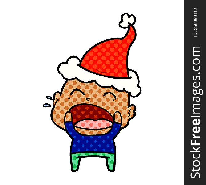 Comic Book Style Illustration Of A Shouting Bald Man Wearing Santa Hat