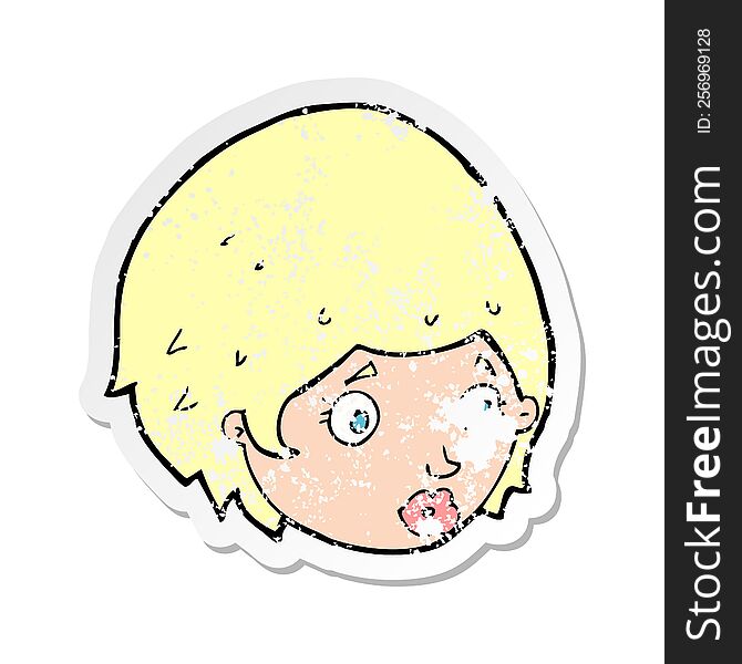 retro distressed sticker of a cartoon girl with concerned expression