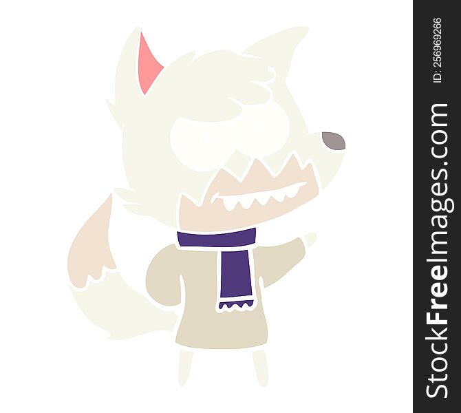 flat color style cartoon grinning fox in winter clothes