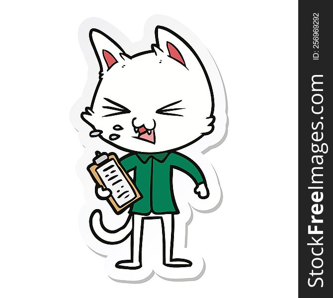 Sticker Of A Cartoon Salesman Cat Hissing