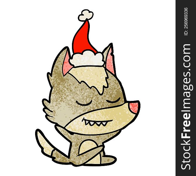 friendly hand drawn textured cartoon of a wolf sitting wearing santa hat. friendly hand drawn textured cartoon of a wolf sitting wearing santa hat