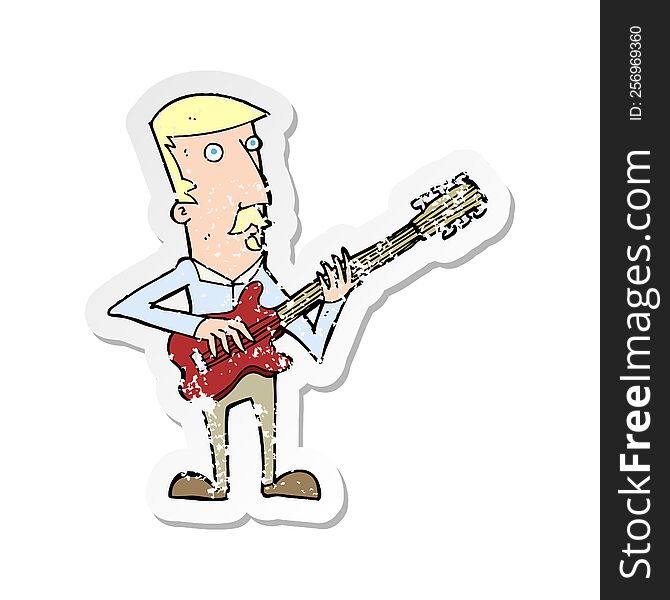 Retro Distressed Sticker Of A Cartoon Man Playing Electric Guitar