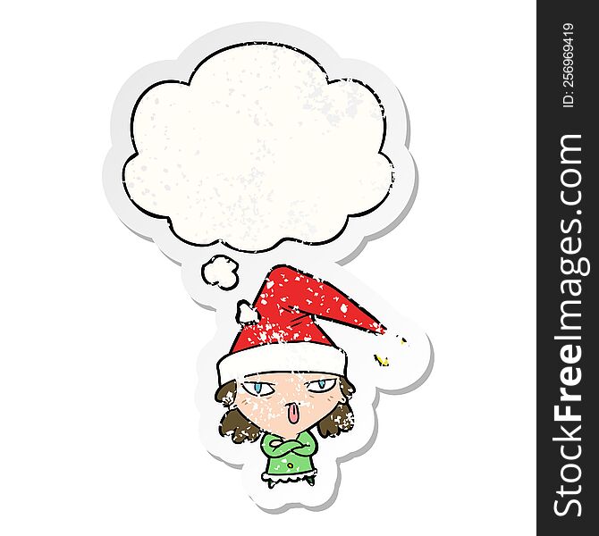 cartoon girl wearing christmas hat with thought bubble as a distressed worn sticker
