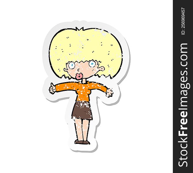 retro distressed sticker of a cartoon woman giving thumbs up symbol