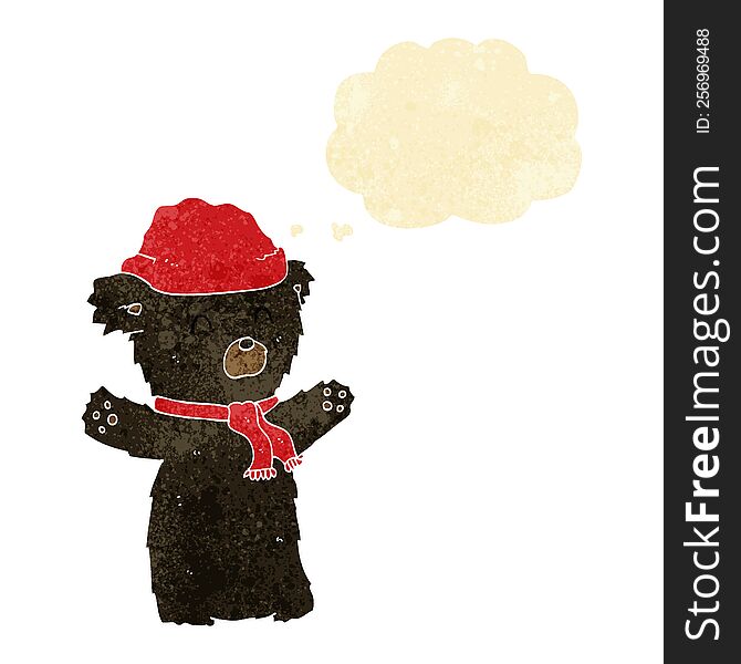 cartoon cute black bear in hat and scarf with thought bubble