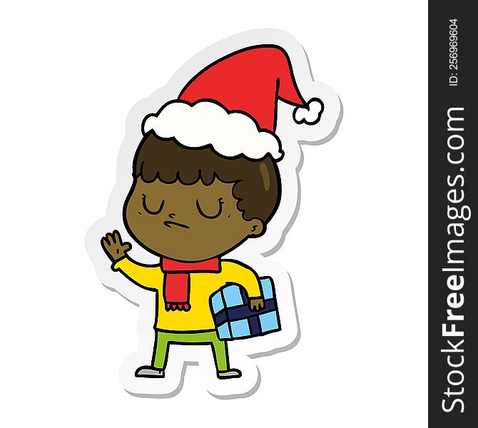 Sticker Cartoon Of A Grumpy Boy Wearing Santa Hat