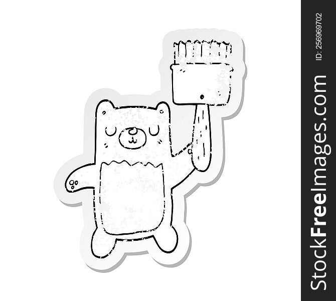 distressed sticker of a cartoon bear with paint brush