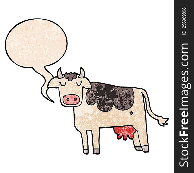 cartoon cow with speech bubble in retro texture style