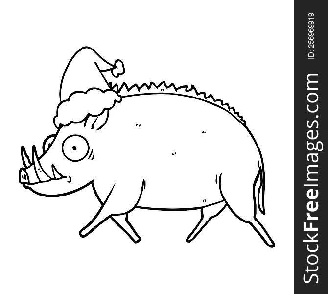 hand drawn line drawing of a wild boar wearing santa hat