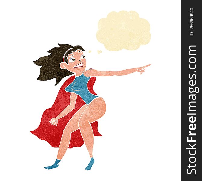 cartoon superhero woman pointing with thought bubble