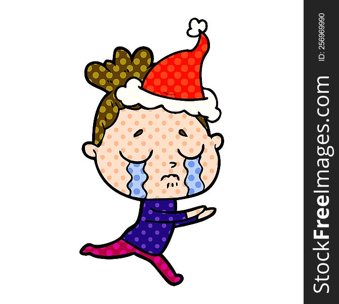 hand drawn comic book style illustration of a crying woman wearing santa hat