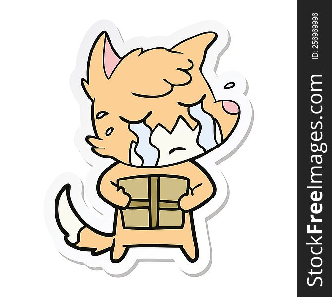 Sticker Of A Crying Fox Cartoon With Parcel