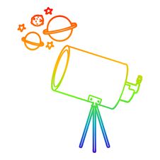 Rainbow Gradient Line Drawing Cartoon Telescope Looking At Planets Royalty Free Stock Image