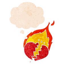 Cartoon Flaming Heart And Thought Bubble In Retro Textured Style Stock Photo Cartoon Flaming Heart And Thought Bubble In Retro Textured Style Stock Photo