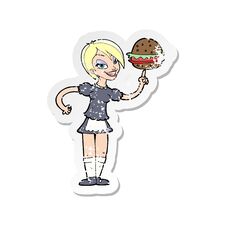 Retro Distressed Sticker Of A Cartoon Waitress Serving A Burger Royalty Free Stock Photo