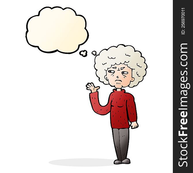 Cartoon Annoyed Old Woman Waving With Thought Bubble
