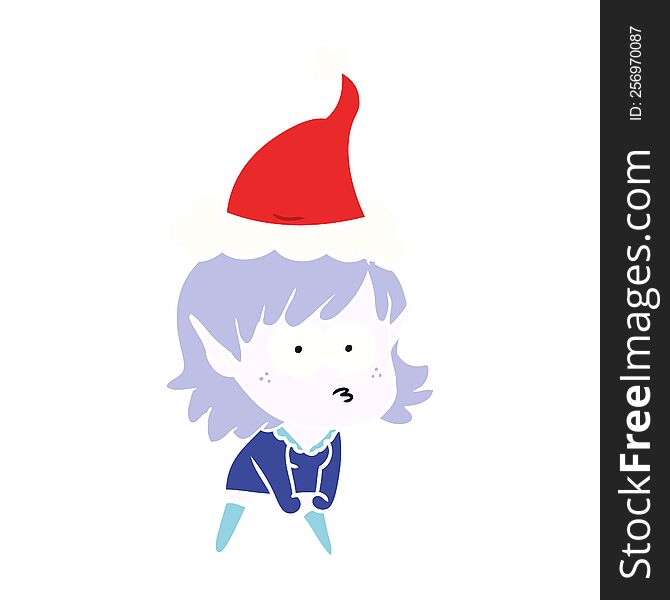 flat color illustration of a elf girl staring and crouching wearing santa hat