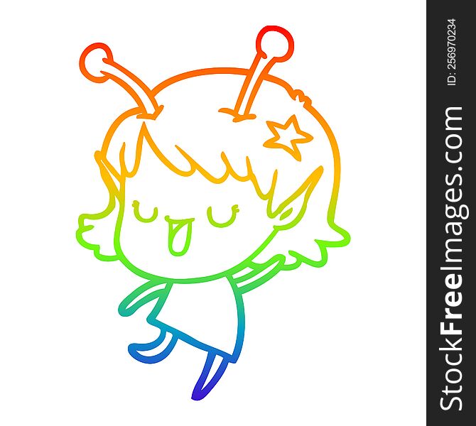 Rainbow Gradient Line Drawing Happy Alien Girl Cartoon Laughing