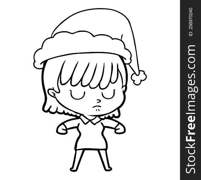 hand drawn line drawing of a woman wearing santa hat