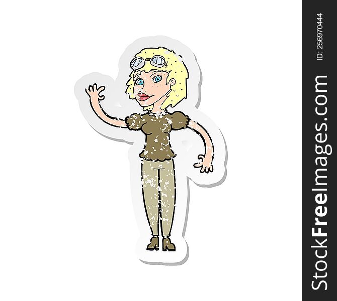 retro distressed sticker of a cartoon pilot woman waving