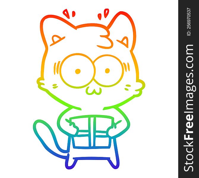 rainbow gradient line drawing of a cartoon surprised cat with christmas present