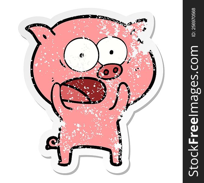 distressed sticker of a cartoon pig shouting