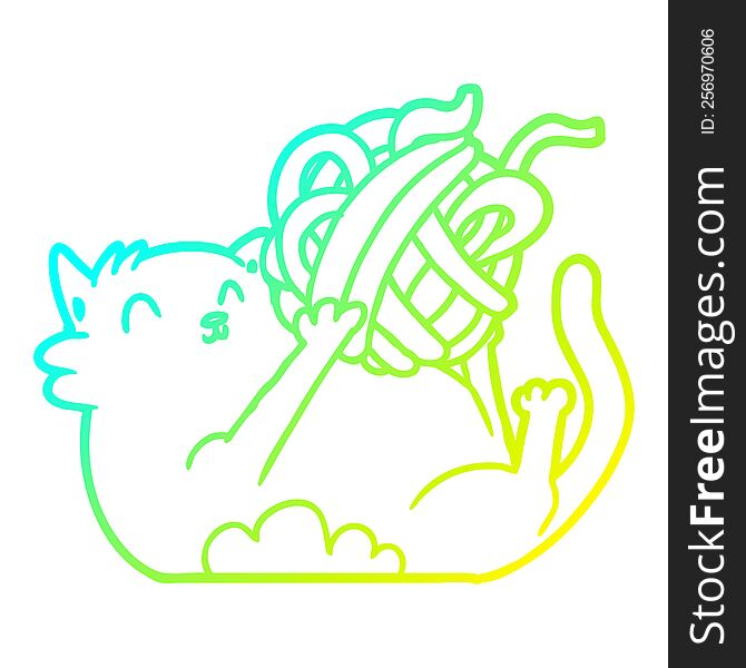 Cold Gradient Line Drawing Cartoon Cat Playing With Ball Of String