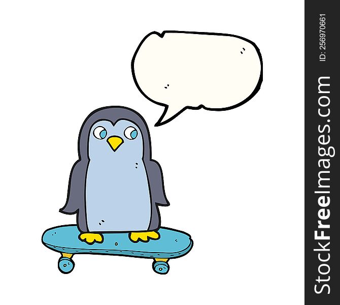 freehand drawn speech bubble cartoon penguin riding skateboard