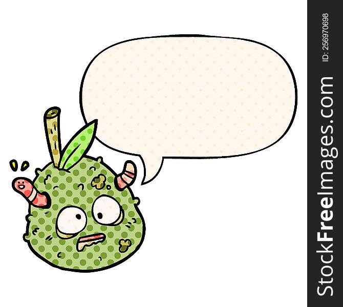 cartoon rotting old pear with worm with speech bubble in comic book style. cartoon rotting old pear with worm with speech bubble in comic book style