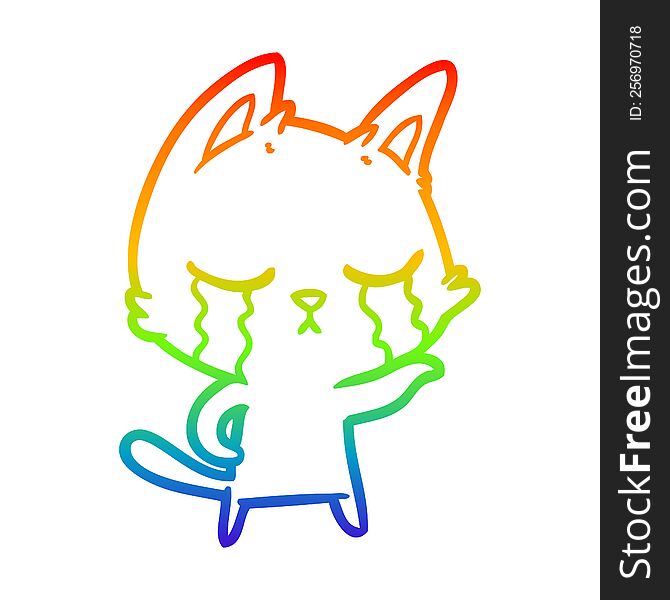 Rainbow Gradient Line Drawing Crying Cartoon Cat
