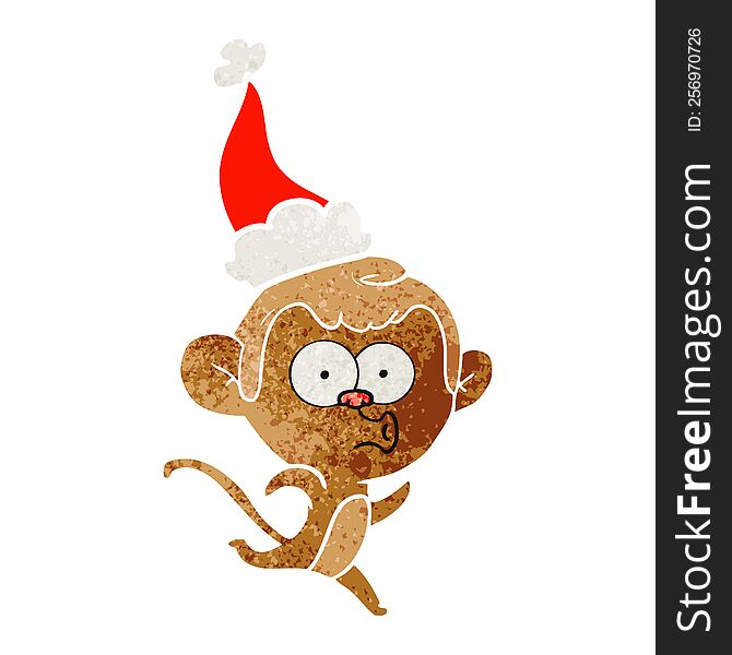 hand drawn retro cartoon of a surprised monkey wearing santa hat